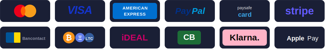Supported payment methods - Visa, Mastercard, PayPal, Apple Pay, Stripe, Crypto, Klarna, Paysafecard, iDEAL, Bancontact, CB